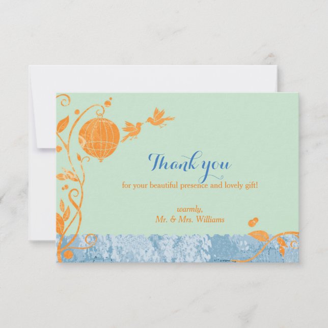 Cartão De Agradecimento Bird Cage Love Birds Mint Green Wedds Obrigado (Frente)