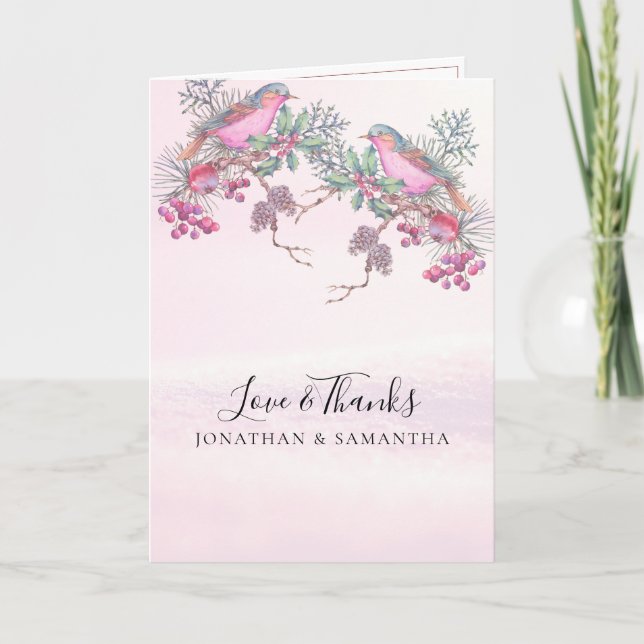 Cartão De Agradecimento Birds & Berries Pinecone Watercolor Winter Wedding (Frente)