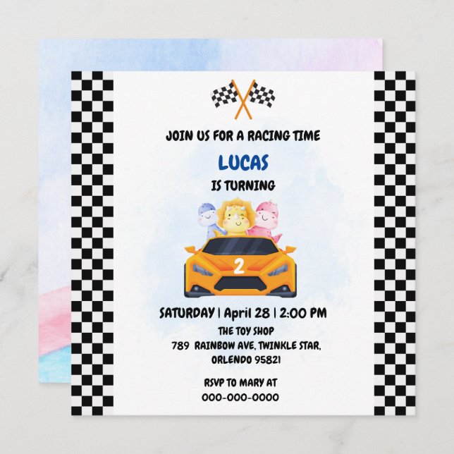 Cartão De Agradecimento Birthday Dinosaur, corrida de carros, garotinho ve (Frente/Verso)