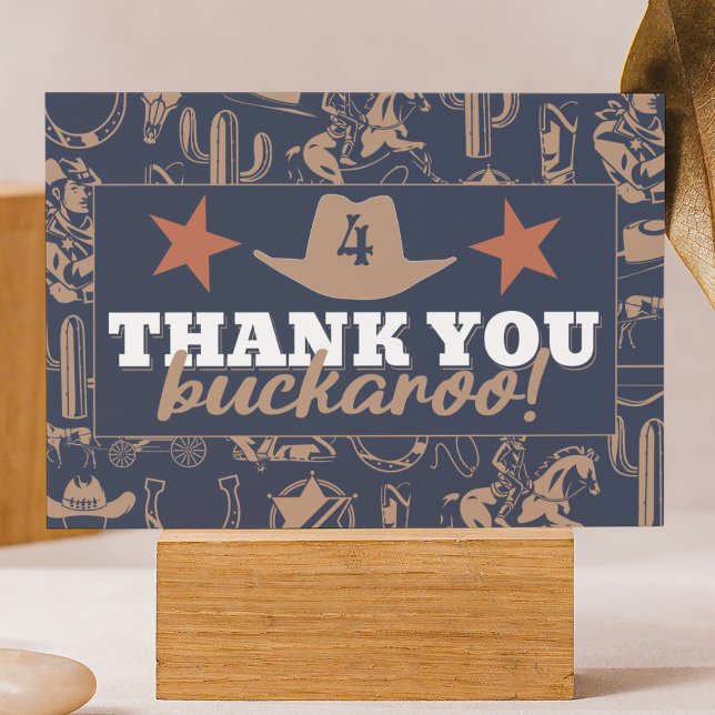 Cartão De Agradecimento "Birthday Hullabaloo" Aniversário do Cowboy do Oes ("thank you buckaroo" birthday party thank you card cowboy western country Wild West theme)