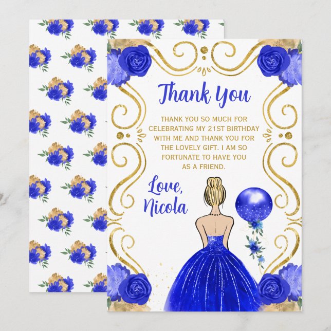 Cartão De Agradecimento Birthday Party Blonde Princess in Blue (Frente/Verso)