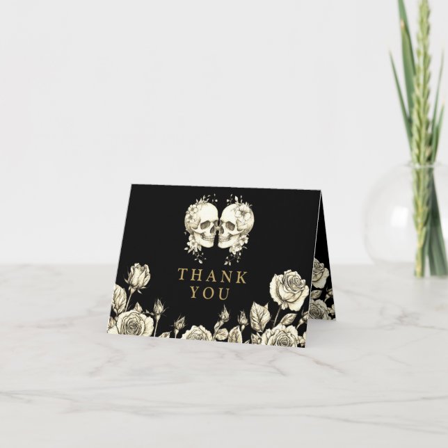 Cartão De Agradecimento Black And Gold Gothic Floral Skulls Wedding (Frente)