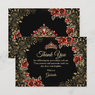 Cartão De Agradecimento Black and Red Quinceañera Golden Tiara Roses