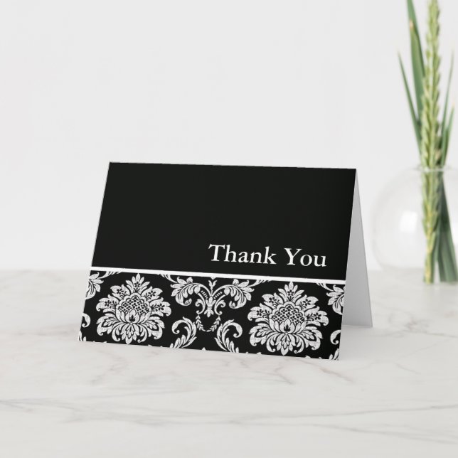 Cartão De Agradecimento Black and White Damask Thank You Card (Frente)