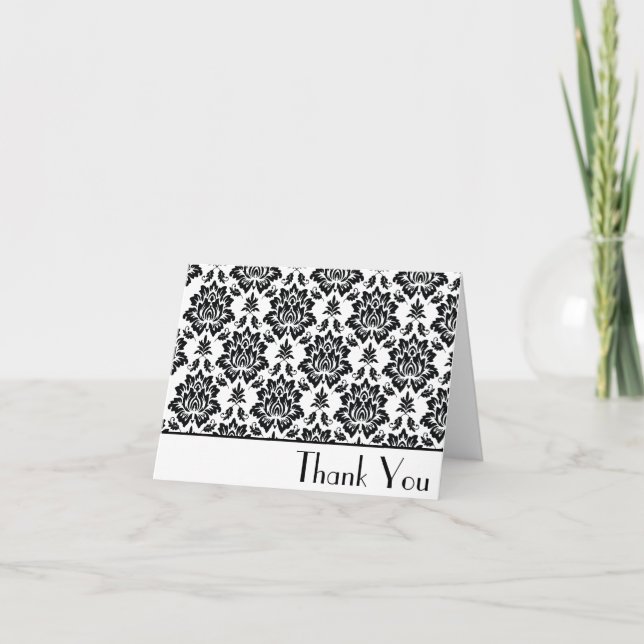 Cartão De Agradecimento Black and White Damask Thank You Note Cards (Frente)