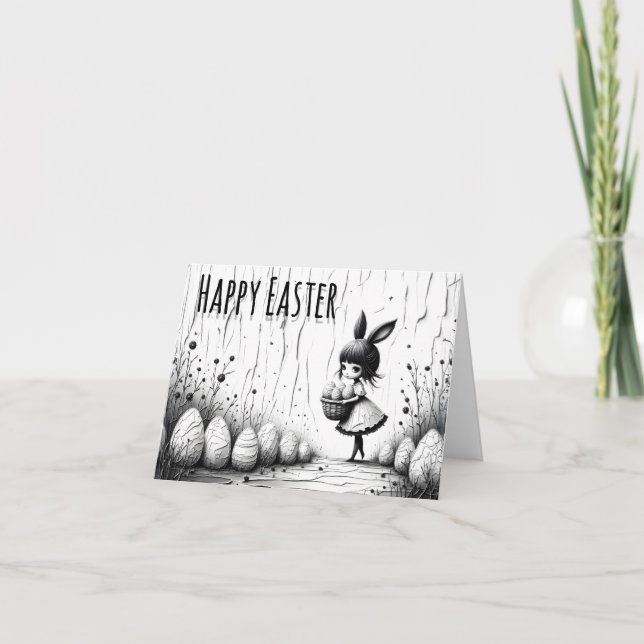 Cartão De Agradecimento Black and White Easter Girl with Bunny Ears (Frente)