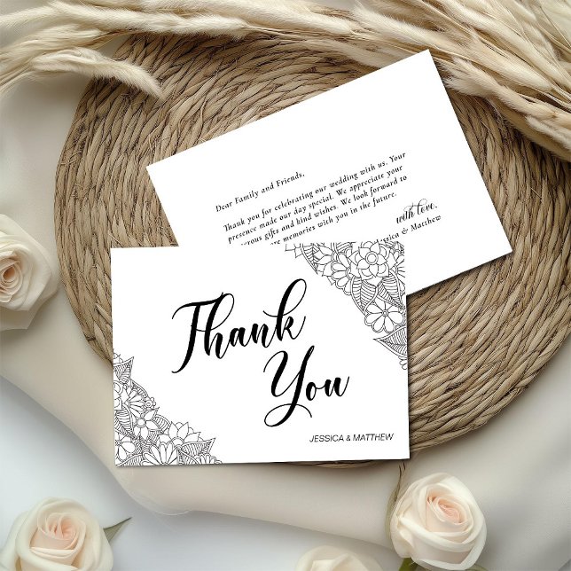 Cartão De Agradecimento Black and White Floral  (Criador carregado)