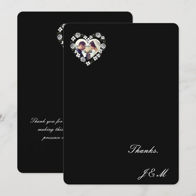 Cartão De Agradecimento Black and White Floral Heart  Wedding Thanks Cartd (Frente/Verso)
