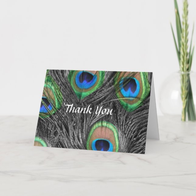 Cartão De Agradecimento Black and White Peacock Wedding Thank You Card (Frente)