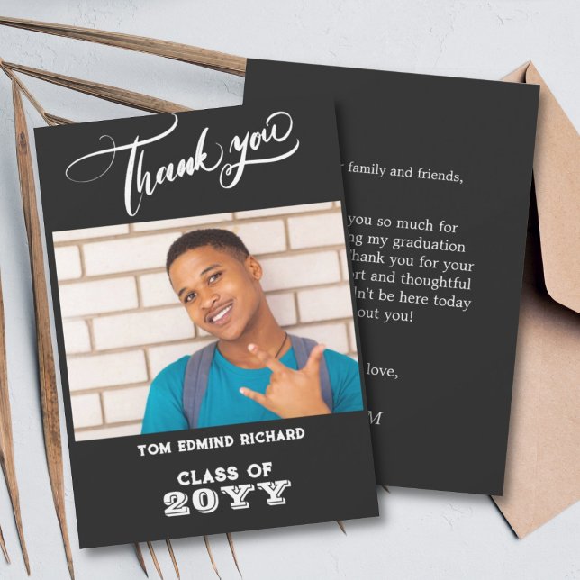 Cartão De Agradecimento Black and White Photo Modern School Graduate (Criador carregado)
