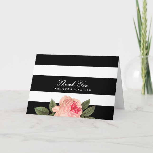Cartão De Agradecimento Black and White Stripes Wedding Thank You Cards (Frente)