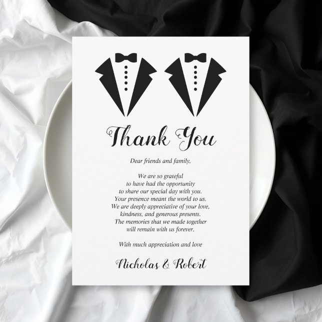 Cartão De Agradecimento Black and white tuxedo two grooms gay wedding (Criador carregado)