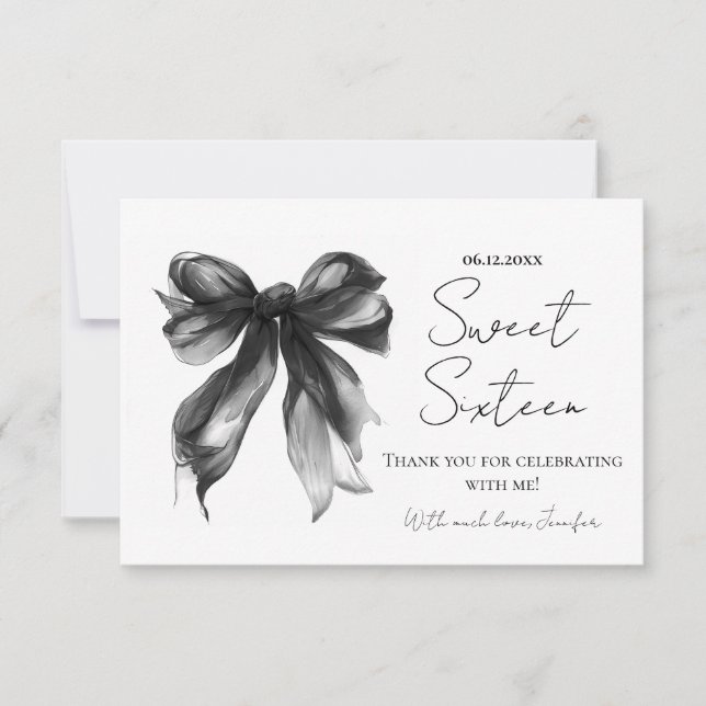 Cartão De Agradecimento Black Bow Coquette Script Doce 16 Obrigado  (Frente)