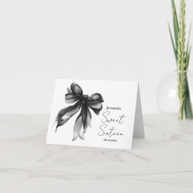Cartão De Agradecimento Black Bow Coquette Script Doce 16 Obrigado  (Frente)