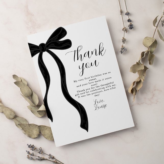 Cartão De Agradecimento Black Bow First Birthday Coquette Thank You Card (Criador carregado)