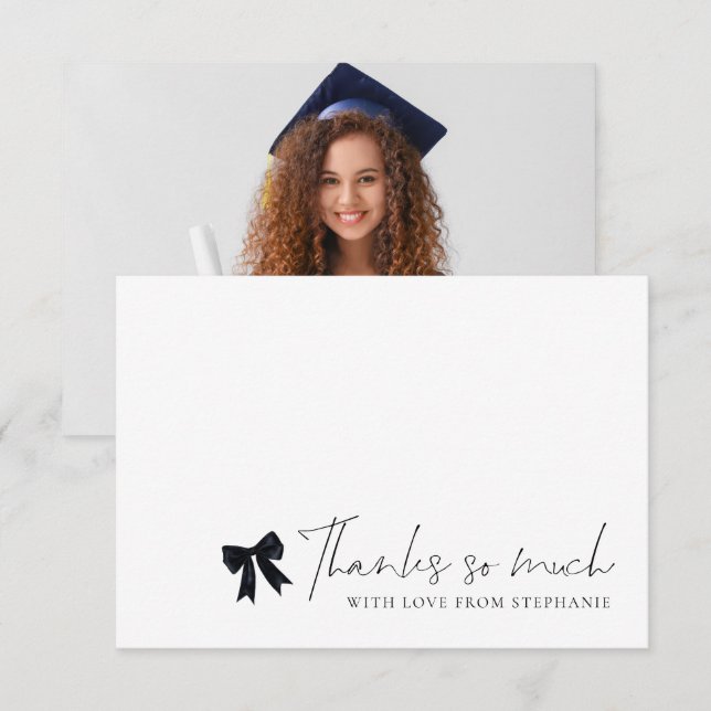 Cartão De Agradecimento Black Bow Photo Graduation Thank You (Frente/Verso)