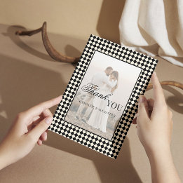 Cartão De Agradecimento Black Checkered Old Money Photo Wedding Folded