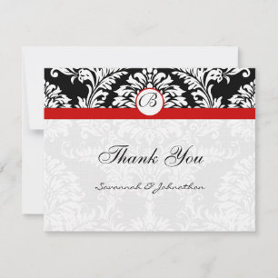 Cartão De Agradecimento Black Damask Swirls Red Trim Invitation