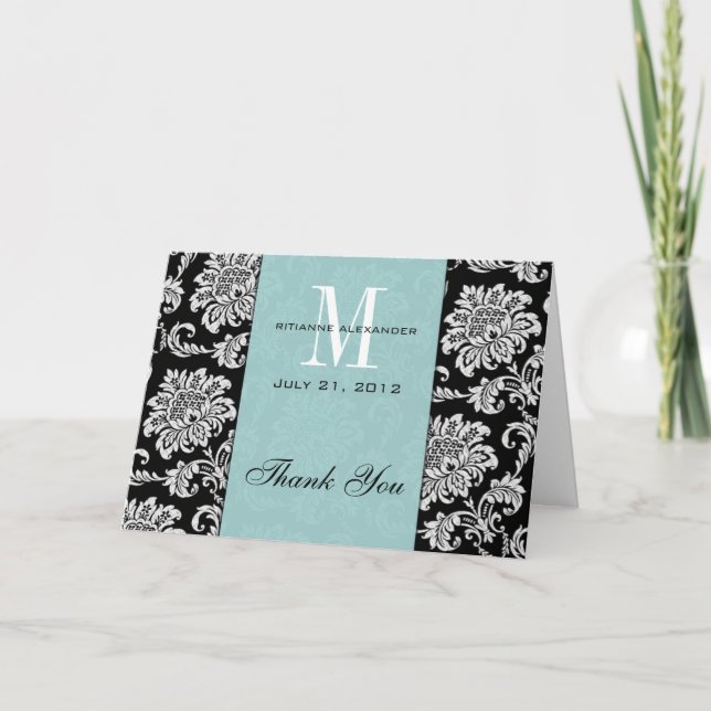 Cartão De Agradecimento Black Damask Tiffany Monogram Wedding Thank You (Frente)