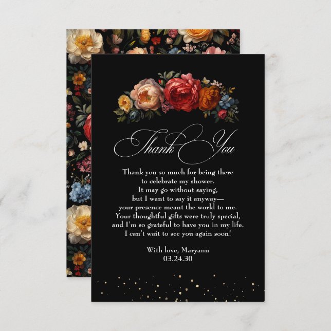 Cartão De Agradecimento Black Floral Botanical Moody Dutch Obrigado (Frente/Verso)