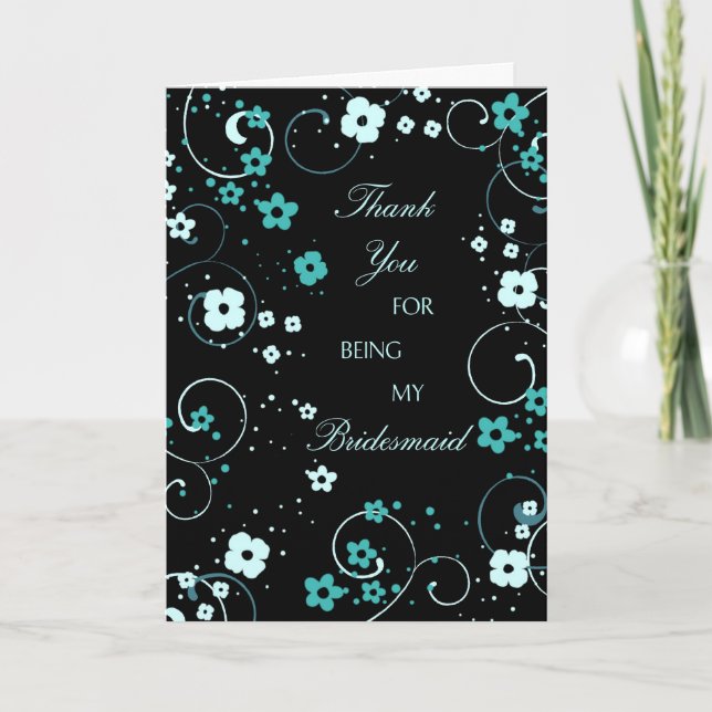 Cartão De Agradecimento Black Floral Obrigado Bridesmaid Card (Frente)