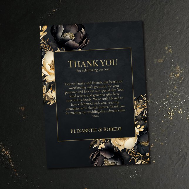 Cartão De Agradecimento Black & Gold Peony Wedding Thank You Card (Black & Gold Peony Wedding Thank You Card on a dark vintage wedding table.)
