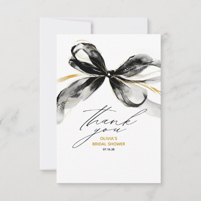 Cartão De Agradecimento Black Gold Ribbon Bow Whimsical Bridal Shower (Frente)