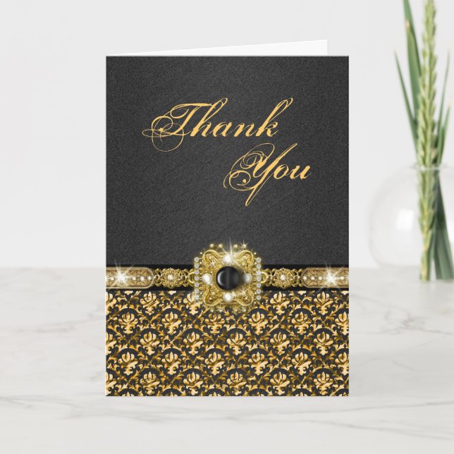 Cartão De Agradecimento Black gold "thank you" wedding damask (Frente)