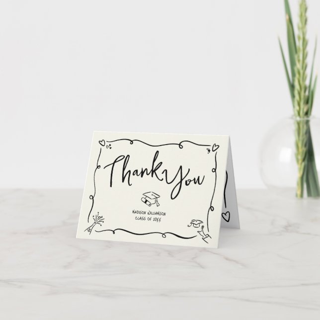 Cartão De Agradecimento Black Hand Drawn Doodle Style Graduation Cream Fun (Frente)