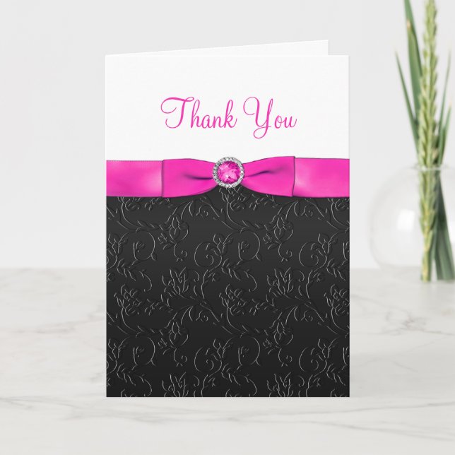 Cartão De Agradecimento Black, Hot Pink and White Thank You Card (Frente)