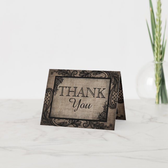 Cartão De Agradecimento Black Lace Burlap Modern Goth Thank You (Frente)