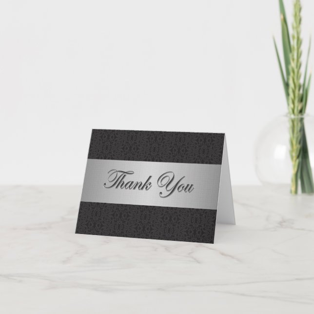 Cartão De Agradecimento Black Lace & Silver Ribbon Thank You Card (Frente)