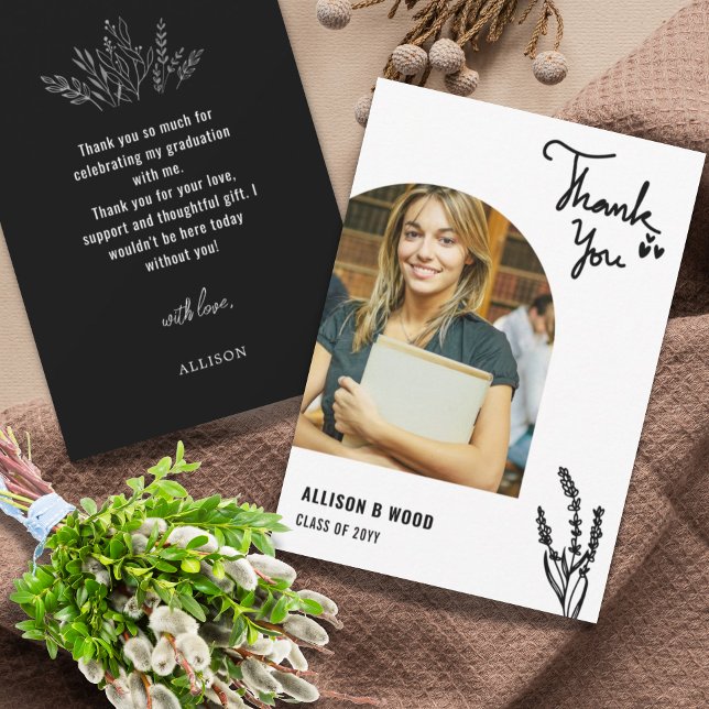Cartão De Agradecimento Black Minimalist 1 Photo Graduation Heart Love (Criador carregado)