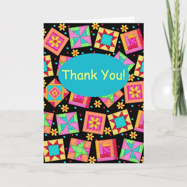 Cartão De Agradecimento Black Patchwork Quilt Block Art Thank You (Frente)