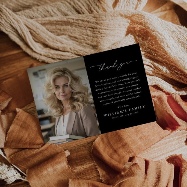 Cartão De Agradecimento Black Photo Message Funeral (Criador carregado)