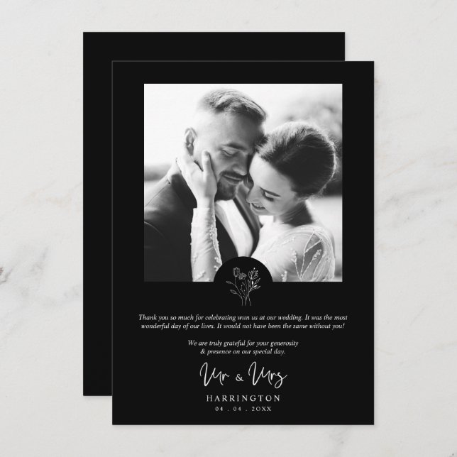 Cartão De Agradecimento Black Photo Typography MR & MRS Wedding Bouquet  (Frente/Verso)