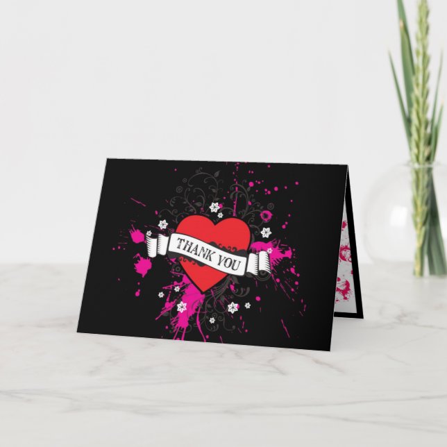 Cartão De Agradecimento Black & Pink Grungy Heart Music Themed Wedding (Frente)