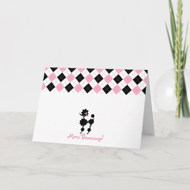 Cartão De Agradecimento Black Poodle Pink & Black Argyle Thank You Card (Frente)