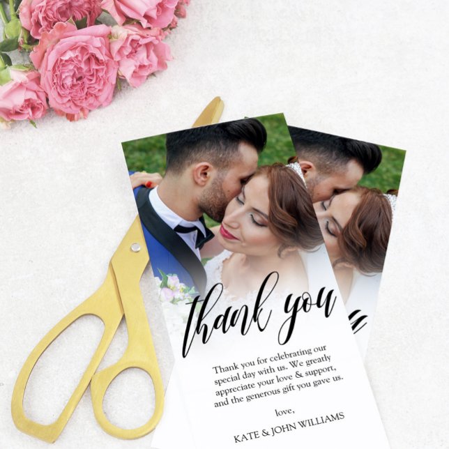 Cartão De Agradecimento Black Script Overlay Wedding Photo Thank You (Criador carregado)