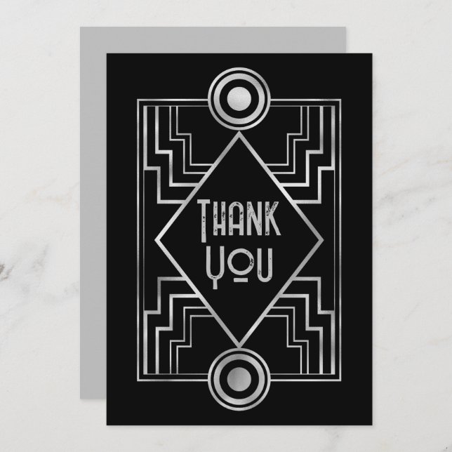 Cartão De Agradecimento Black & Silver Gatsby-Inspired Art Deco Wedding (Frente/Verso)
