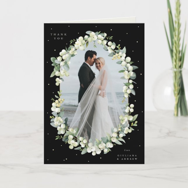 Cartão De Agradecimento Black Snowberry+Eucalyptus Wedding Photo Folding (Frente)