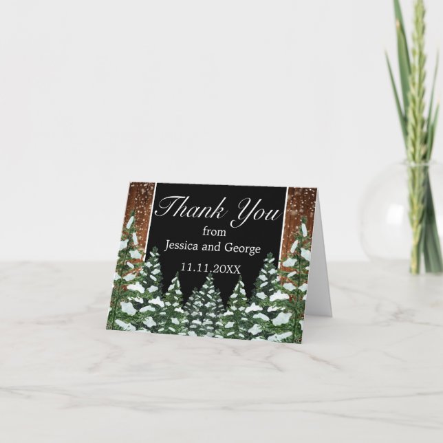 Cartão De Agradecimento Black Snowy Wood & Forest Pine Wedding (Frente)