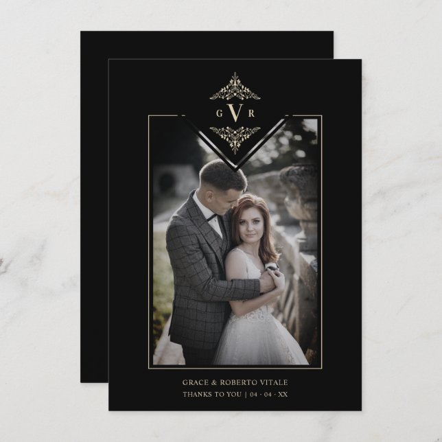 Cartão De Agradecimento Black Sophisticate Flourish Chic Golden Initials (Frente/Verso)