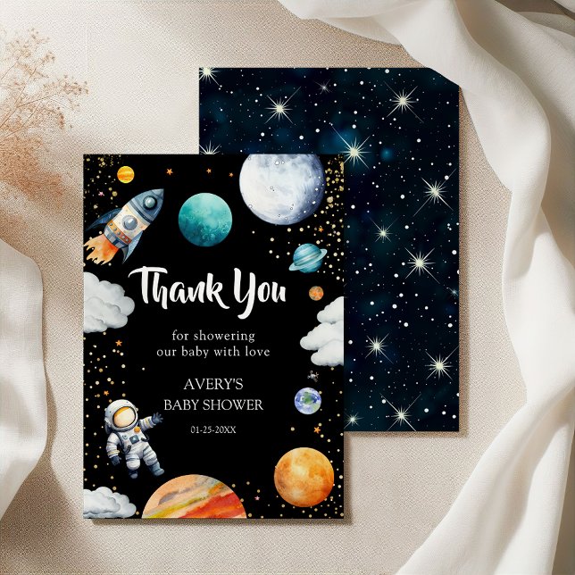Cartão De Agradecimento Black Space Rocket Thank You Card Baby Boy Shower (Criador carregado)