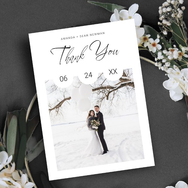 Cartão De Agradecimento Black Whimsical Script Typography Photo Wedding (Black Whimsical Script Typography Custom Photo Wedding Thank You Card. )