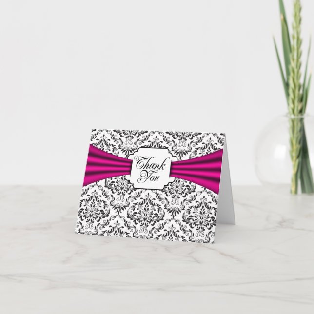 Cartão De Agradecimento Black White Damask Hot Pink Thank You Note Cards (Frente)