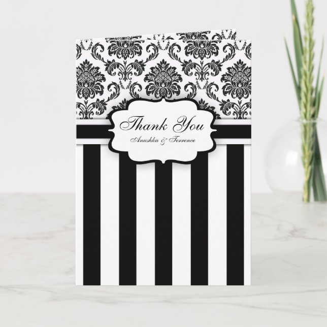 Cartão De Agradecimento Black White Damask Listrado Casamento Obrigado (Frente)
