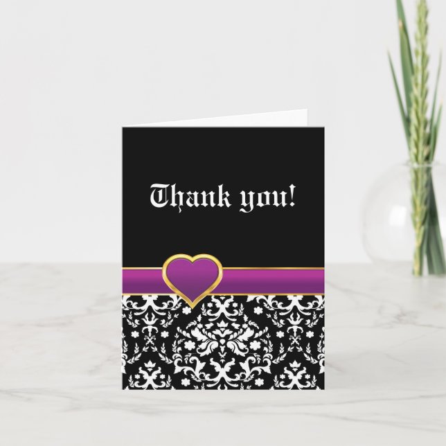 Cartão De Agradecimento Black white damask purple heart wedding Thank You (Frente)