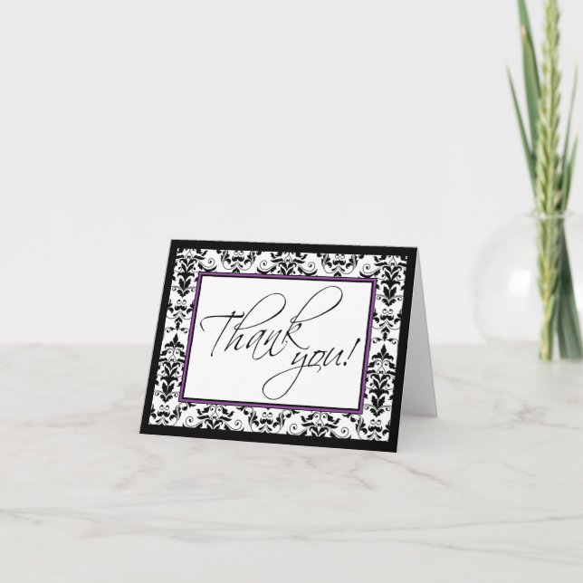 Cartão De Agradecimento Black & White Damask with Purple Thank You Card (Frente)