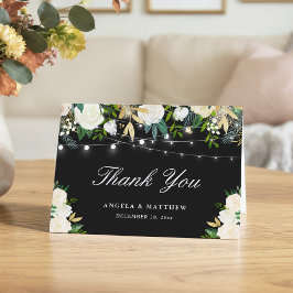 Cartão De Agradecimento Black White Ivory Floral String Lights Obrigado